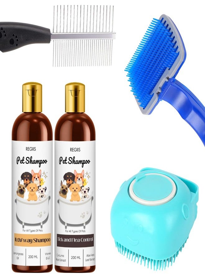 مجموعة العناية بالحيوانات الأليفة مع شامبو للكلاب، وغسول طبيعي للحيوانات الأليفة سعة 200 مل وتركيبة لمكافحة البراغيث، وفرشاة استحمام من السيليكون الأزرق، ومشط احترافي للعناية بالحيوانات الأليفة (عبوة من 5 قطع) - Image 1